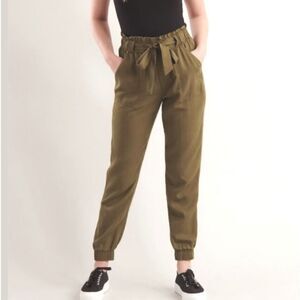 GARAGE Women’s Olive Green Paperbag High Waist Baggy Drawstring Pull On Jogger P